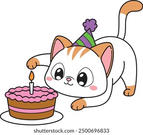 Birthday cat playing with its cake vector illustration