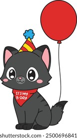 Birthday cat with red balloon vector illustration