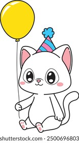 Birthday cat sitting down holding balloon vector illustration