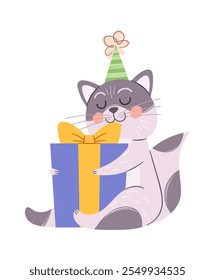 Birthday cat sitting inside gift