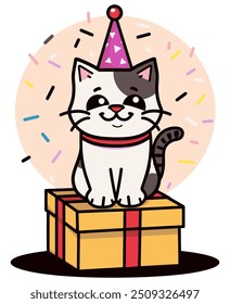 Birthday Cat Sitting on Gift Box. Flat Vector Illustration