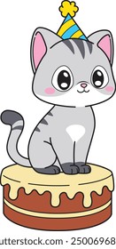 Birthday cat sitting on top of a cake vector illustration