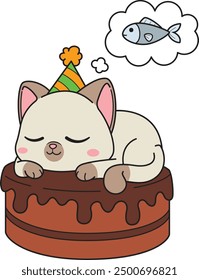 Birthday cat sleeping on a cake dreaming about fish vector illustration