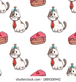 birthday cat with slice cake in seamless pattern with colored doodle style on white background