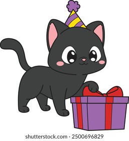 Birthday cat unwrapping birthday present vector illustration