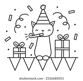 Birthday cat vector line drawing illustration