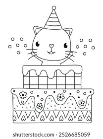 Birthday cat vector line drawing illustration