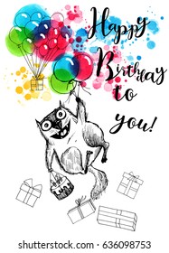 Birthday cat. Vector sketch