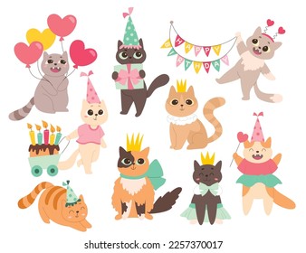 Birthday cats and princess cats flat icons set. Party with decor elements. Cake, colorful flags, crown and headband. Special gifts for pets. Color isolated illustrations