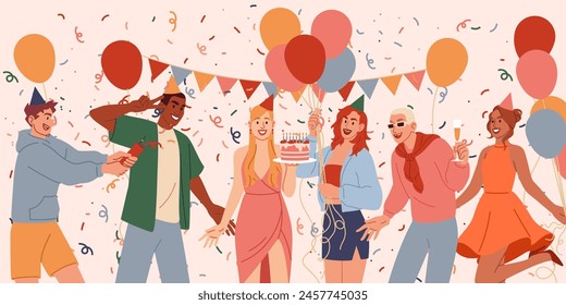 Birthday celebrate. Happy office people, holiday attributes, balloon, gift and confetti. Card design, anniversary cake. Friend festive, event team corporate. Vector adult joy cartoon flat illustration