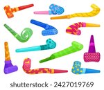 Birthday celebrating accessories, cartoon blowers. Blower or whistle for fans, childish festive sound toys. Blowing elements, neoteric vector set