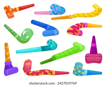 Birthday celebrating accessories, cartoon blowers. Blower or whistle for fans, childish festive sound toys. Blowing elements, neoteric vector set