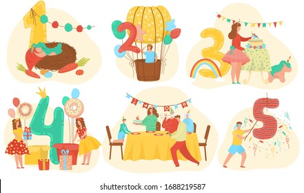 Birthday celebration anniversary numbers with cute baby, children set of invitation templates cartoon vector illustration. Birthday party card with gifts, happy boys and girls, kids and year age to