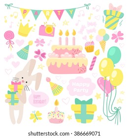 Birthday celebration attributes vector icons. Party background