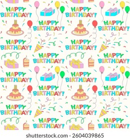 Birthday celebration background, seamless vector pattern with cake, gift box, balloons and confetti. Design for decoration, wallpaper, wrapping paper. Colorful birthday celebration icons.