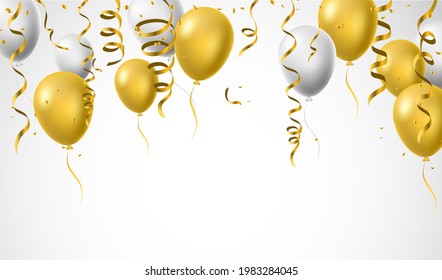 Birthday celebration backgrounds. white, yellow, glitter gold balloons and golden foil confetti. Vector illustration