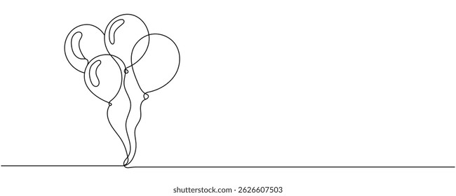 Birthday celebration balloon, holiday kids decoration concept. Continuous one line balloons. Vector illustration single line drawing art on white background. Editable stroke