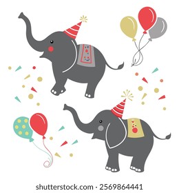 Birthday celebration with balloons air party elephant icon set