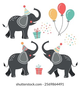 Birthday celebration with balloons air party elephant icon set