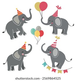 Birthday celebration with balloons air party elephant icon set