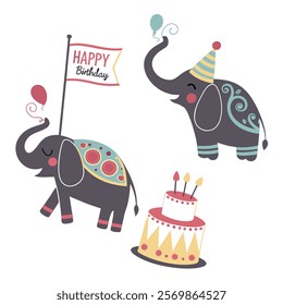 Birthday celebration with balloons air party elephant icon set