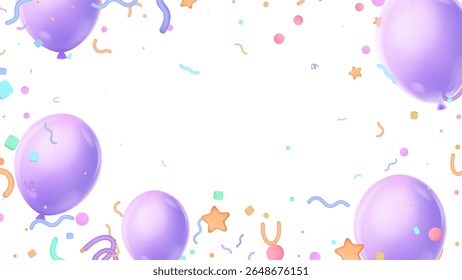 Birthday and celebration banner with  balloon purple, 3d illustration background Color flying ribbons and streamers 
