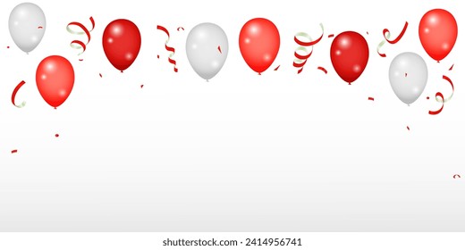 Birthday and celebration banner with colorful balloon, confetti, ribbon. Celebration party banner with red color balloons background.