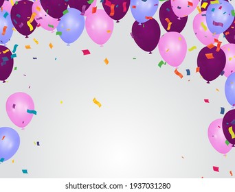 Birthday and celebration banner colorful balloons, falling confetti for poster, invitation