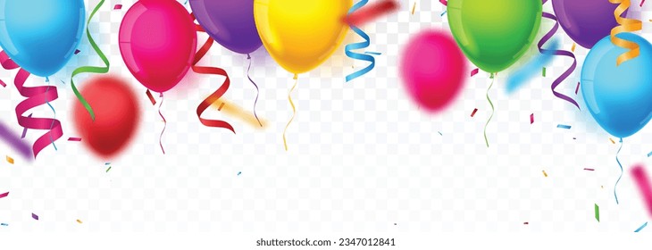 Birthday and celebration banner with colorful balloons and confetti 