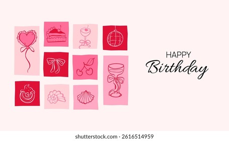 Birthday celebration banner with dessert, cherry, cocktail, and disco ball in doodle style. Wedding, holiday, party decoration background. Coquette Aesthetic style. Elegant vector illustration.