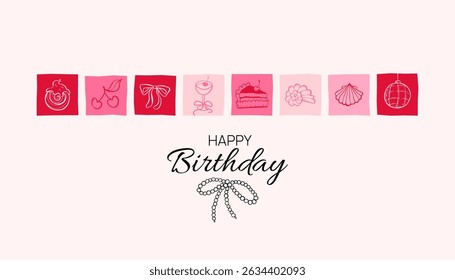 Birthday celebration banner with festive doodle icon. Cake, drinks, and party sketch elements. Wedding, holiday, party decoration background. Coquette Aesthetic style. Elegant vector illustration.