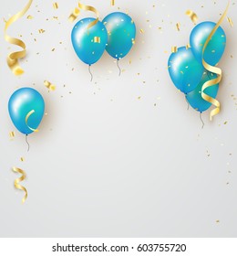 Birthday And Celebration Banner. Gold Confetti Celebration With Blue Balloons