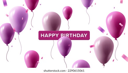 Birthday and celebration banner with purple air balloons and Happy Borthday banner on white backdrop