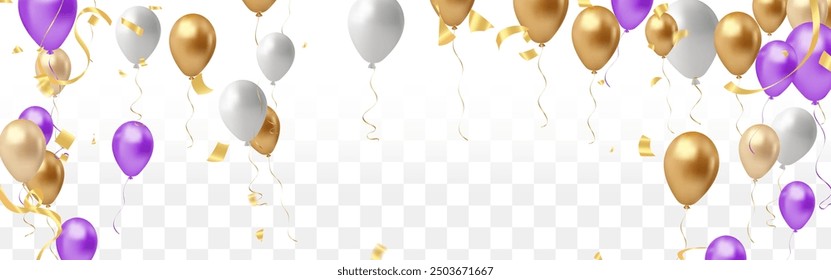 Birthday and celebration banner with Purple, white, gold balloon, 3d illustration background Color flying ribbons and streamers
