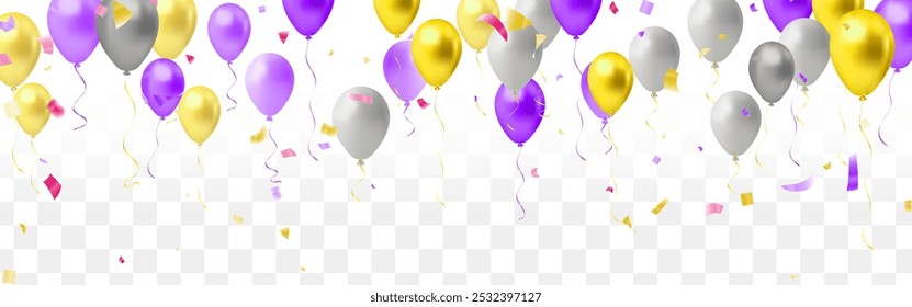 Birthday and celebration banner with Purple, white, gold balloon, 3d illustration background Color flying ribbons 
