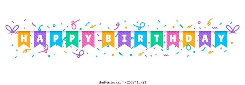 Birthday celebration banner with vibrant party flags set against a white background, perfect for festive decor.