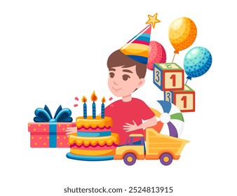 Birthday celebration with a boy blowing candles on a cake, surrounded by presents and festive decor. Perfect for birthday party invitations or kids celebration materials. Vector illustration.