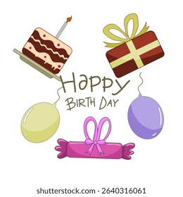Birthday celebration with cake, balloons, gifts, and birthday wishes. Perfect for party invitations, greeting cards, social media posts, and advertisements.