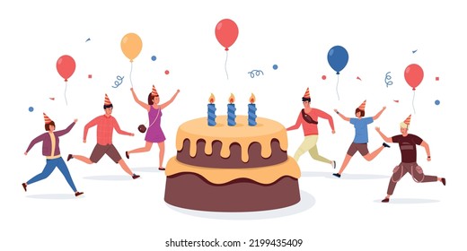 Birthday celebration with cake. Cartoon concept with happy cheerful characters celebrate with sweet desserts. Vector party with colorful pastry illustration. Cheerful boys and girls with balloons