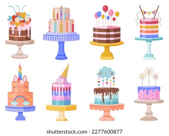 Birthday celebration cakes for children parties and corporate events. Colorful baked desserts set with anniversary candles, cream icing and decoration. Holiday party sweets collection.