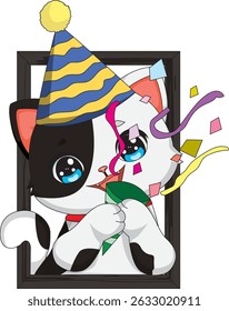 Birthday Celebration Cat Looking From Frame Window Vector