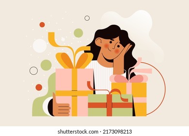 Birthday celebration. The character is happy with the gift boxes. Satisfied woman with surprises for a happy holiday. Vector flat illustration with decorative confetti isolated.