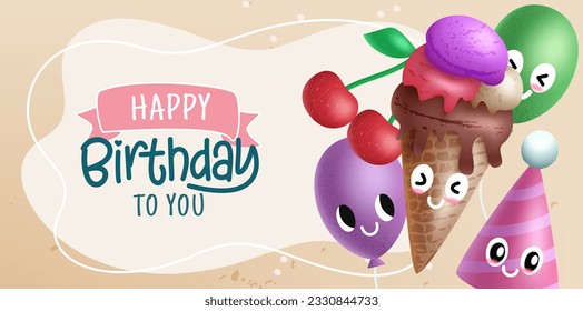 Diseño vectorial de personajes de celebración de cumpleaños. Feliz cumpleaños, mensajes de texto de helado, globos y personajes de sombrero para lindos mensajes de cumpleaños para niños. Ilustración vectorial.
