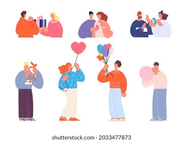 Birthday celebration characters. Woman party, people with balloons. Flat teens anniversary. Person take gift box, happy festive corporate utter vector set