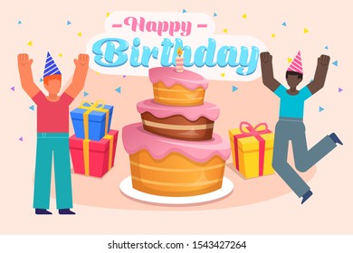 Birthday celebration. Cheerful people stand near big birthday cake. Poster for social media, web page, banner, presentation. Flat design vector illustration
