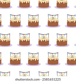 Birthday celebration with chocolate cakes decorated with colorful banners on a light background