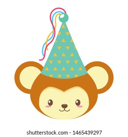 birthday celebration cute monkey party hat vector illustration