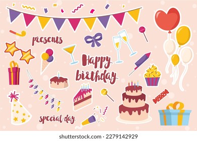 Birthday celebration decorative stickers set concept in the flat cartoon design on the pink background. Stickers with attributes for a birthday party. Vector illustration.