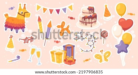 Birthday celebration decorative stickers set. Festive cake, garland, gift boxes, rocket fireworks, balloons, party hat collection. Birthday holiday event decoration background flat vector illustration