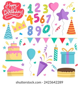 Birthday celebration decorative stickers set.cake, number,gift boxes, balloons, party hat collection for decoration. Birthday holiday event decoration background flat vector illustration
